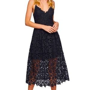 ASTR The Label Lace A-Line Midi Dress Navy Blue Women's Size Med Plunge Neckline